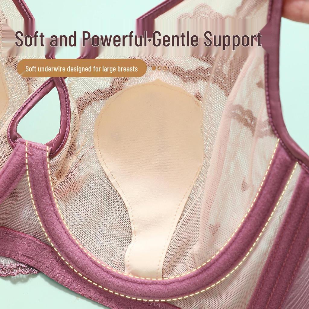 French Style Ultra-Thin Breathable Large Bust Minimizing Push-Up Bra with Soft Underwire and Rabbit Ear Crystal Cup