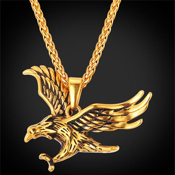 

U7 Eagle Necklace Gold Color Stainless Steel Hawk Animal Charm Pendant Link Chain Statement HIip Hop Daily Jewelry