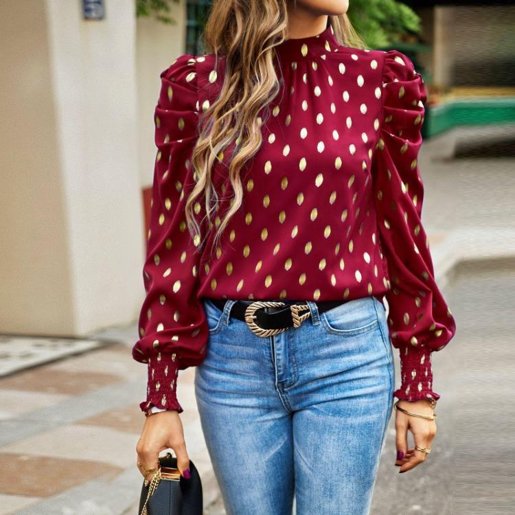 Women Loose Printed Blouses Long Sleeve Round Neck Commuting Autumn Winter