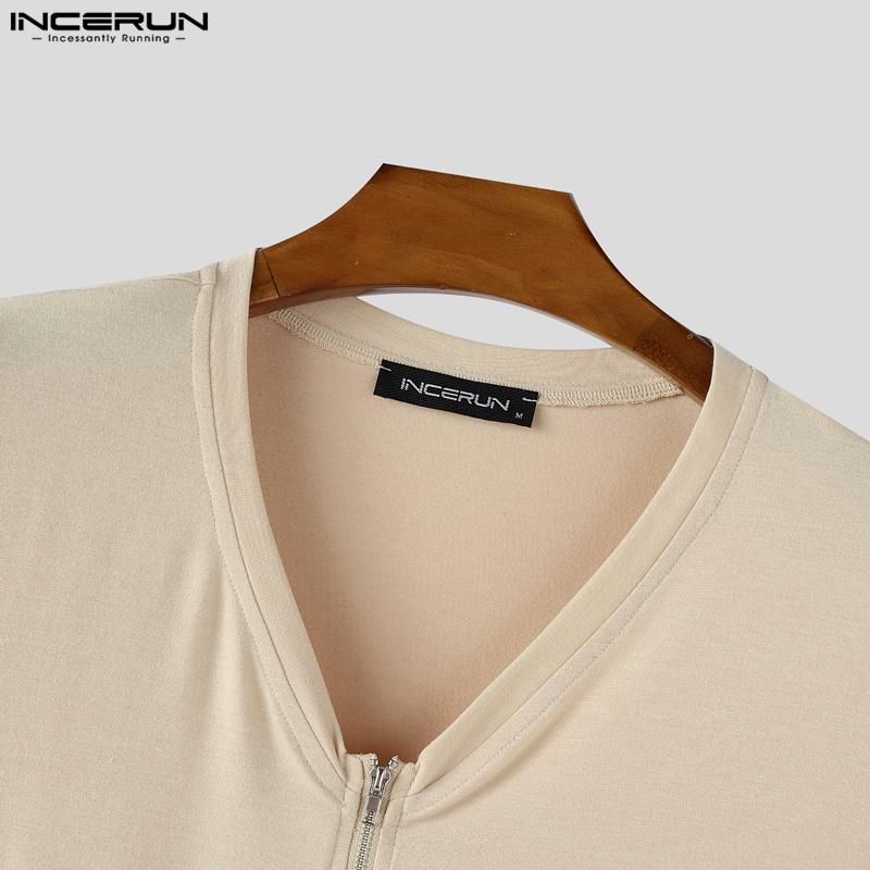INCERUN T-shirts Homme Col V Zippé Manches Courtes Irrégulier Casual Ajusté