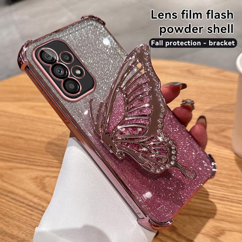 Glitzernde Beschichtung Treibsand Schmetterling Handyhalter Hülle für Samsung Galaxy A13 A23 A33 A53 A73 A12 A22 A32 A52 A52S 4G 5G Hülle