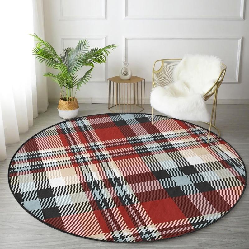 

Red Black White Check Pattern Colored Children s and Teenage Room Washable Non-Slip Base Round Carpet