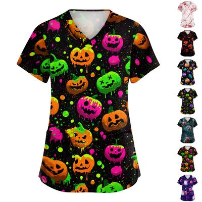Damtopp med V-ringning och korta ärmar, för arbete, med fickor, Halloween-tryck, medicinsk uniformsskjorta för vårdgivare och hälso- och sjukvårdspersonal