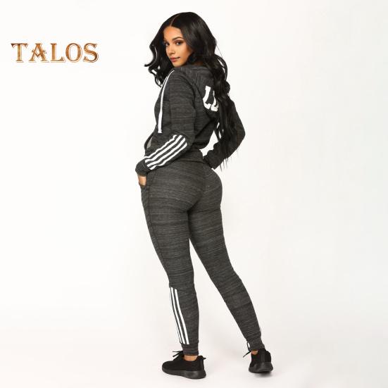 2 Pcs/Set Women Hoodie Pants Suit Hooded Long Sleeves Solid Color Zip-up Coat Elastic High Waist Ankle-banded Trousers Sport Fall Winter Tracksuit