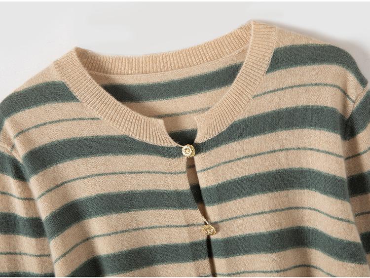 Women's Elegant Slim Fit Striped Cashmere Crew Neck Cardigan - 2026 Winter New Style, Chic Single-Breasted Top.