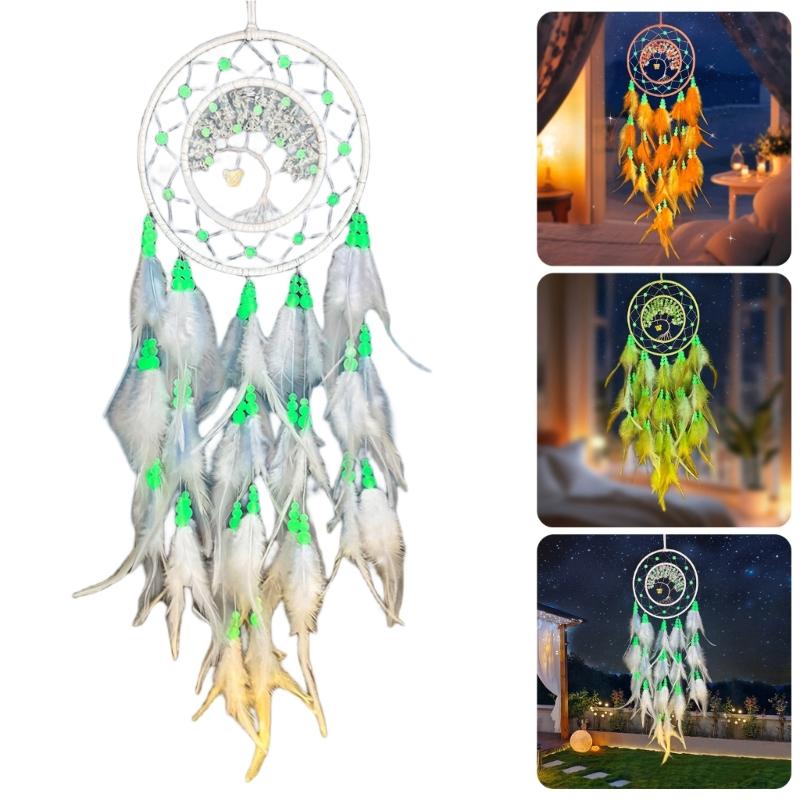 Bedroom Handmade Dreamcatchers Hanging Ornament with Feathered Tassels and Glowing In Dark Beads for Home Aesthetic