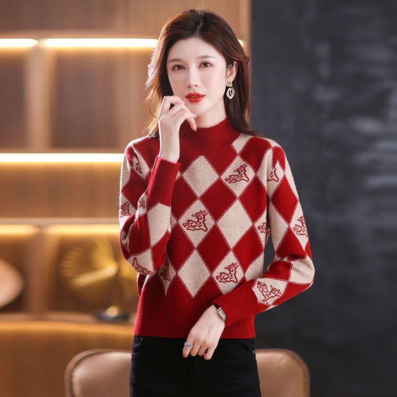 Fall/Winter Vintage Jacquard Sweater Women High Neck Knit Sweater Short Thick Loose Print Knitwear Top Jumper