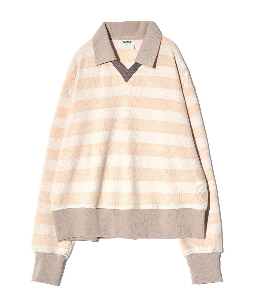 PEACE MAKER Stripe V Neck Collar Knit (Beige)
