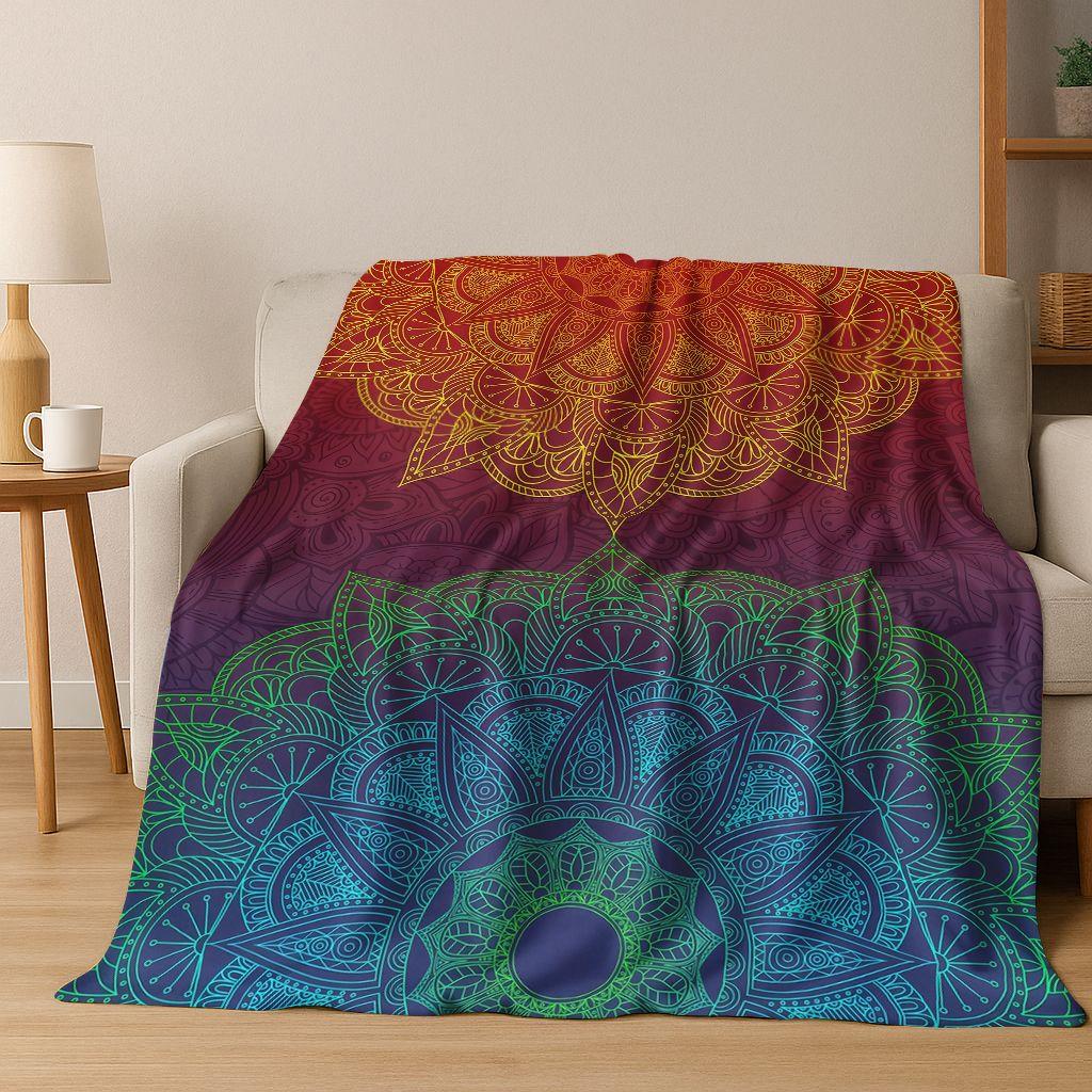 Rainbow Mandala Flower Chakras Yoga Bohemia Art Flannel Blanket,Cozy Soft Throw Blanket for Home Bedroom Bed Sofa Cover Kid Gift