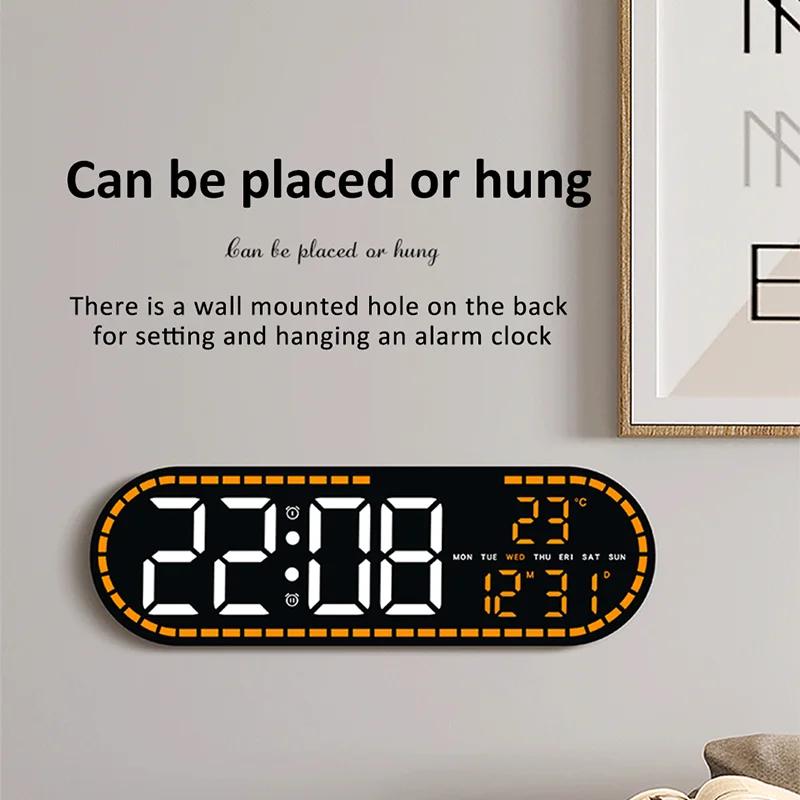 Digital LED Wall Clock Two Sets of Alarms Temperature Date Week Display Timing Function Electronic Clock for Bedroom Decoration