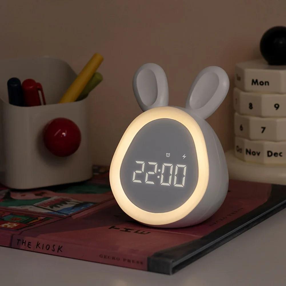Mini Cartoon Rabbit LED Alarm Clock Night Light for Students Dormitory Digital Display Children Wake Up Light USB Charging