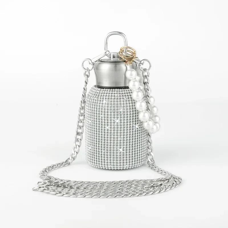 300ml Bling Rhinestone Vacuum Flasks Stainless Steel Thermos Bottle With Pearl Chain Water Bottle Portable Insulating Cup Mug