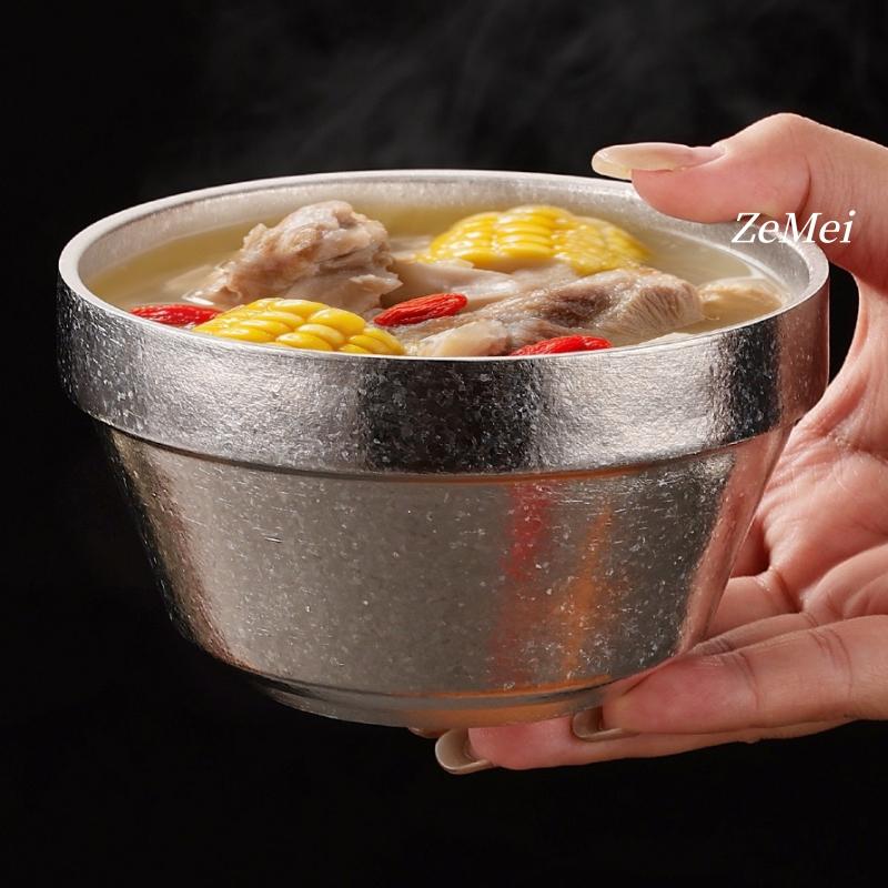 Pure Titanium Double-Layer Insulated Soup Bowl,12 Cm Multicolor Glossy Texture Home Food Storage Titanium Salad Bowl Tableware