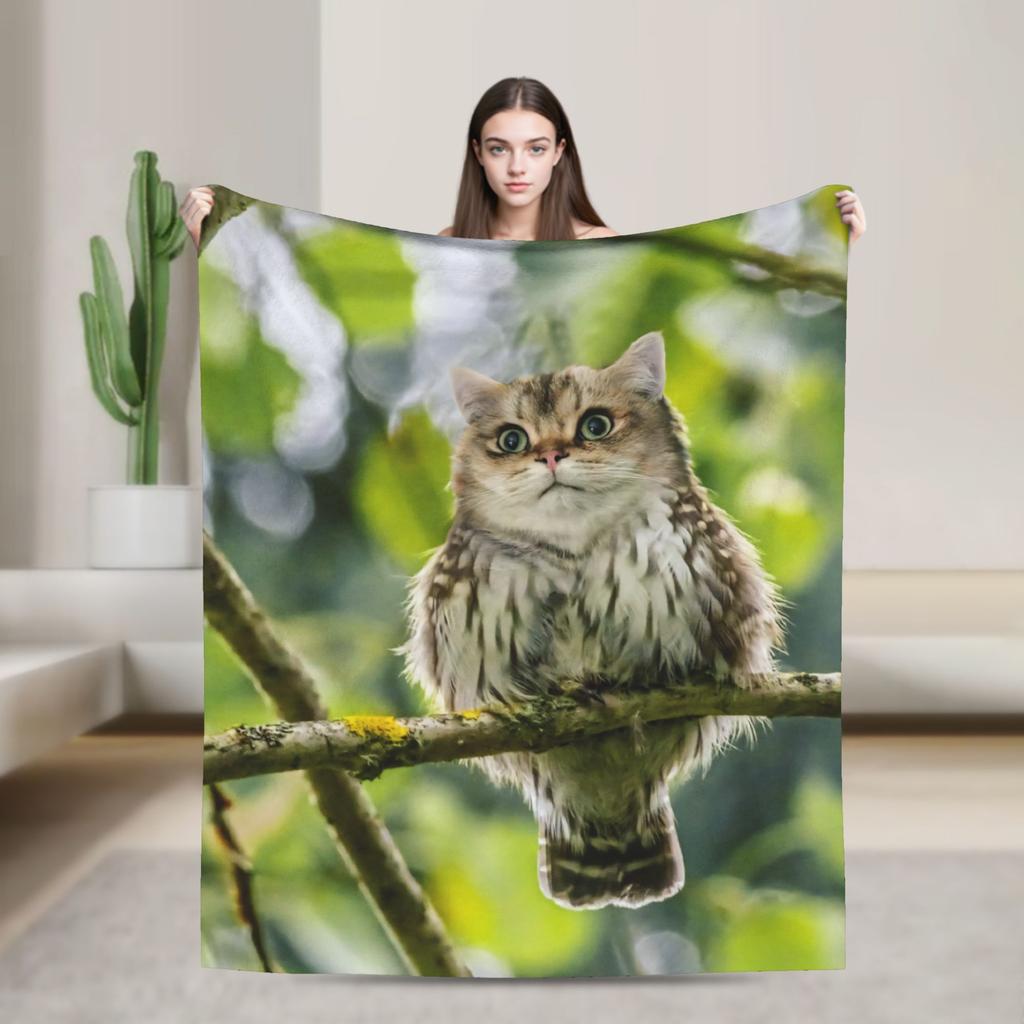 Cute Penguins Famous Meowl Cat Owl Meme Blanket  Warm Soft Plush Throw Blanket For Home Decor Travel Flannel Bedspread Bed Cover