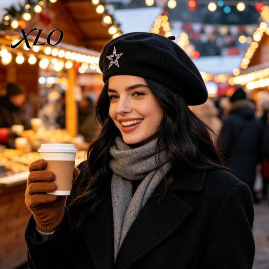 Women Knitting Hat Knitted Beret for Fall Winter, French Style Artist Cap with Rhinestone Star, Stretchy Solid Color Decorative