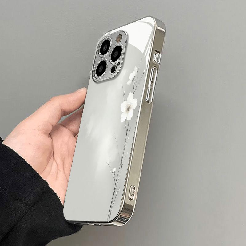 Simple Single Flower Tempered Glass Phone Case Suitable for iPhone 17 16 15 14 13 12 11 Pro Max Plus Shockproof Back Cover