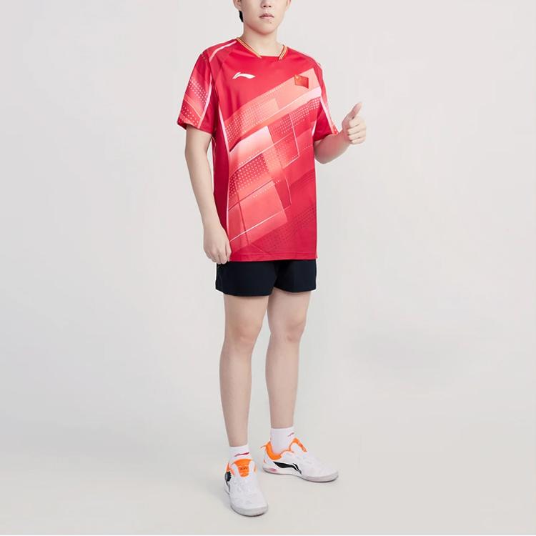 Li Ning All Over Plaid Print Crew Neck Short Sleeve T-Shirt Men Tops Crimson AAYT029-2