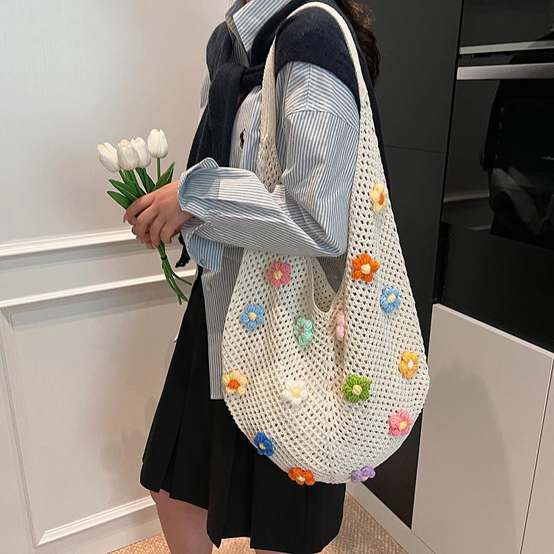 Yogodlns Summer Commuting Woven Bag for Women Single Armpit Bag, Fashion Large Capacity Tote Bag, Beach Floral Hollow Handbag Shoulder Bag