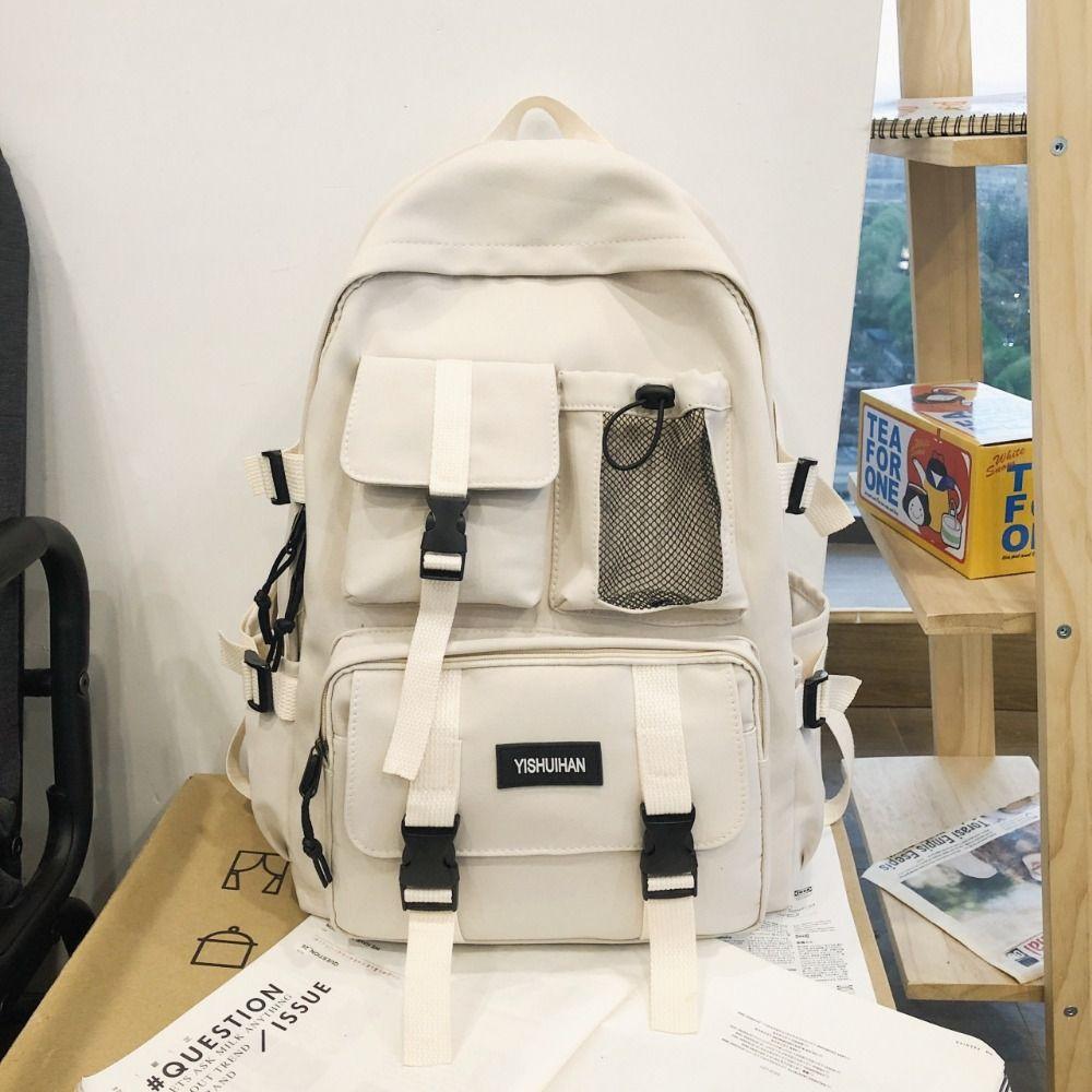 

Canvas Shoulders Bag Korean Style School Bag Simple Student Backpack Travel Beige-No Pendant