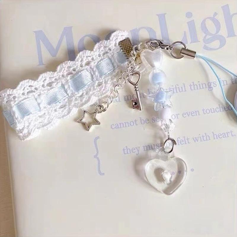 Dainty Lace Ribbon Keyring Cute Heart Pendant Keychain Colorful Beaded Phone Lanyard Multi-Functional Bags Accessories