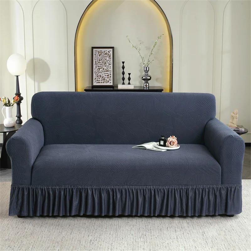 Jacquard Uni-Farben Sofabezug mit Volant Rutschfest Stretch Couchbezug für Schlafzimmer Büro Wohnzimmer Heimdeko