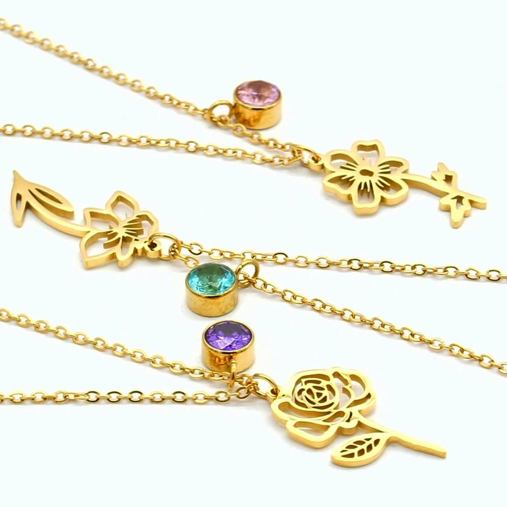 Birth Month Flower Pendant, Rose Flower Necklace Charms Set Stainless Steel