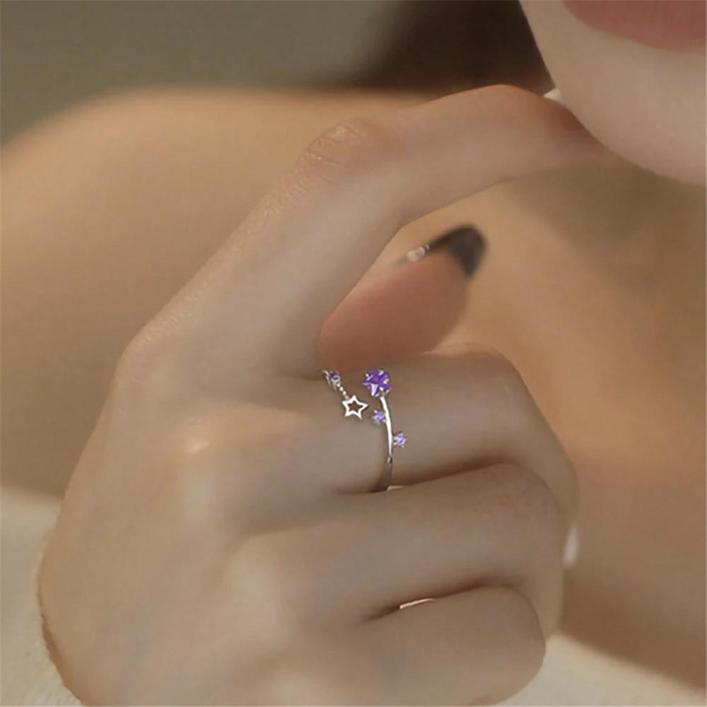Cute Female White Purple Stone Silver Color Star Wedding Rings Promise Open Adjustable Engagement For Women