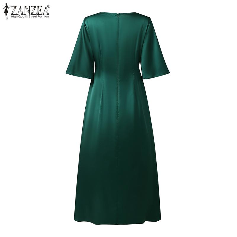 ZANZEA Women Casual Round Neck Loose 3/4 Sleeve Solid Long Dress