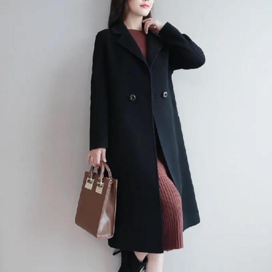Women Autumn Winter Solid Color Woolen Coat Lapel Long Sleeve Two Buttons Pockets Mid-length Woolen Cardigan Outwear
