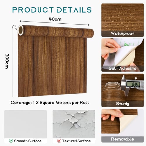 VEELIKE Wallpaper Remake Sheet, Wood Grain Table Cover, Brown, 40cm X 3m Wide, Wood Grain Sticker, Cutting Sheet, Wall Sticker, Peelable Wallpaper, Cl
