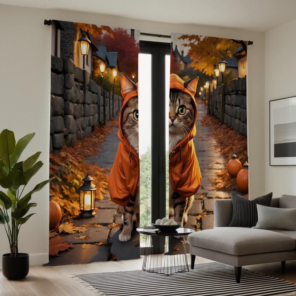 2 Pieces HD Thanksgiving Alley Maple Leaf Pumpkin Cat Curtain Yellow Tie Digital Printed Curtain Home Decoration Style Decorate