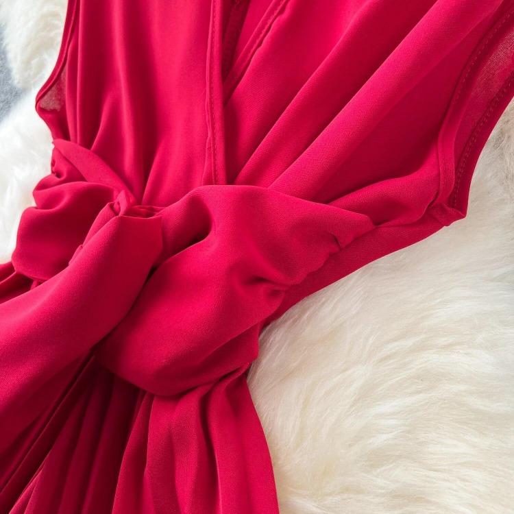 Sommer Neues Französisches Chic Maxikleid Damen V-Ausschnitt Ärmellos Schnürung A-Linie Falten Damenkleider Damen