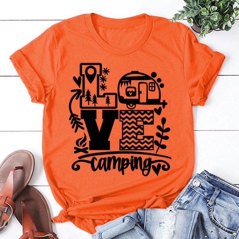 New Fashion Women T-Shirt Love Camping Print Short Sleeve Camper Casual Tee Round Neck Tops