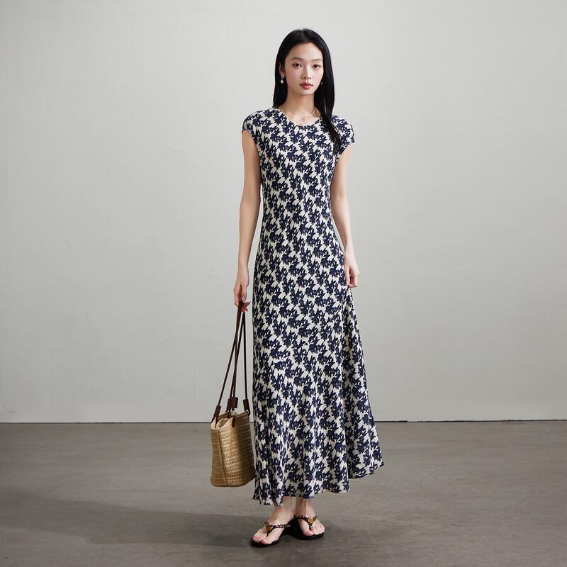 SOFSIL Elegant Floral Print Round Neck Midi Dress L