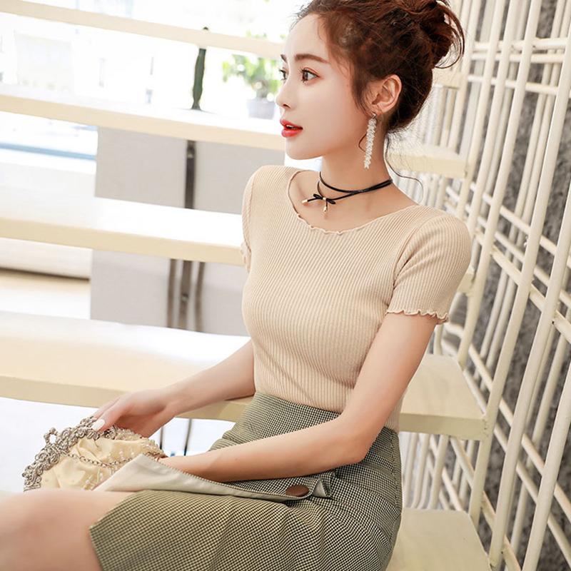 Dámské Léto Pletené Ledové Hedvábné Trička Topy Krátký rukáv Tenký Plísňový Listový Límec Vysoký Pas Jednobarevná Studená