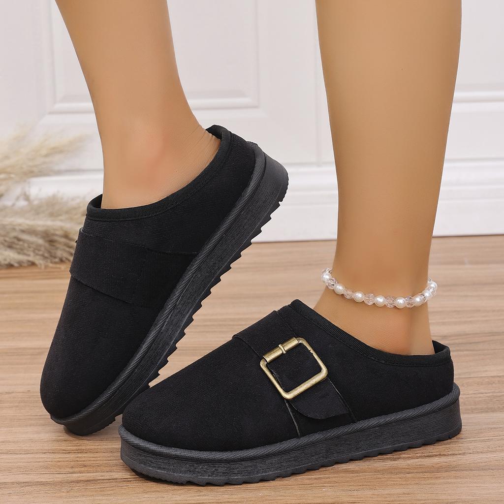 Fashion Fashion Metal Buckle Close Toe Cotton Outdoor Slippers Women 2025 Short Plush Thick Bottom Snow Boots Warm Winter Shoes Women