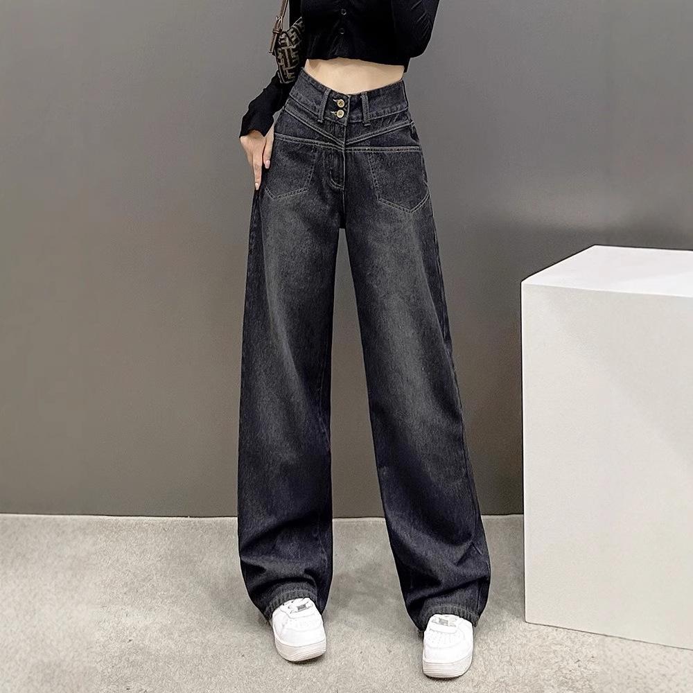 Autumn 2025 Women's High Waist Slimming Wide Leg Straight Jeans, Black Grey, Plus Size, Floor-Length