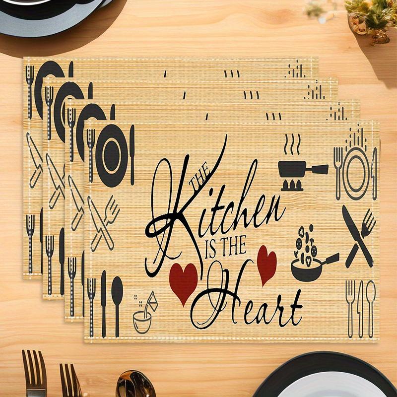 [Kitchen Decor Table Mat] 4pcs, Kitchen Decor And Accessories, Linen Table Fabric, Love Wood Kitchen Pattern Printed Table Mat, Perfect