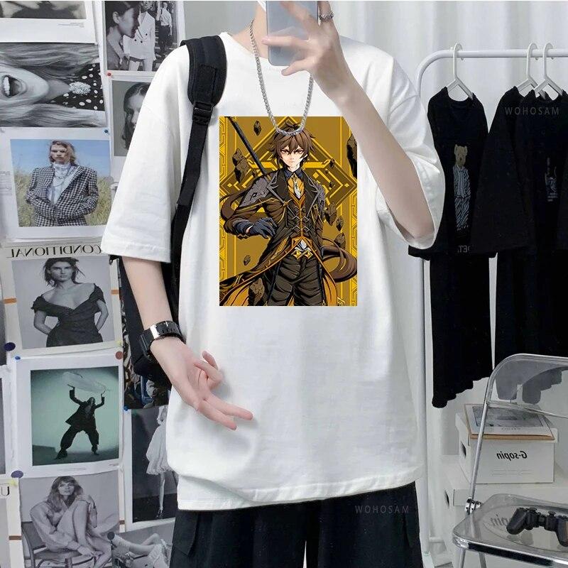 Morax Zhong Li Game Genshin Impact T-shirt Punk Cartoon Casual Loose Printed Tops Thick Cotton Women Unisex Harajuku Vintage Tshirt