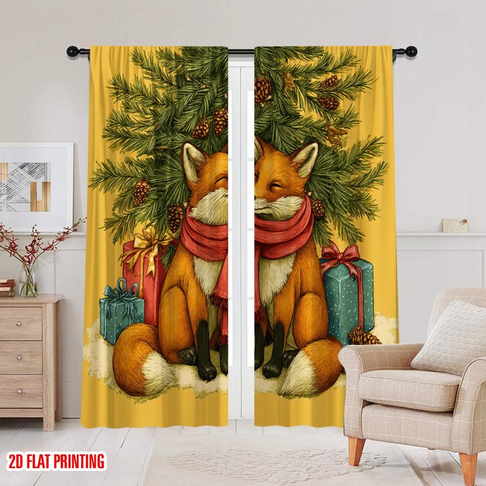 2pcs,2D Plane Printing Contemporary Curtains Cozy Foxes In Red Scarves with Pine & Gifts Versatile Fabric (without Rod) Art Deco