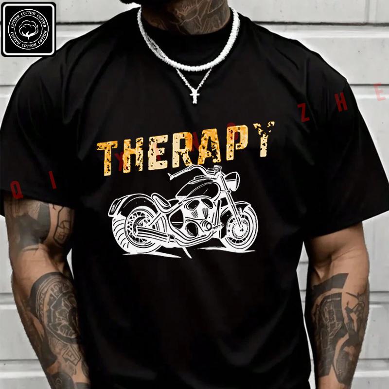 Men T Shirt Motorcycle Therapy - Biker Rider Graphic T-Shirt Cotton Men‘s Summer Short Sleeve T