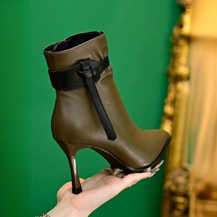 Popular French Temperament High-heeled Short Boots Women's Autumn and Winter New Pointed-toed Thin-heeled Fashion Boots Color Matching Small Thin Boo
