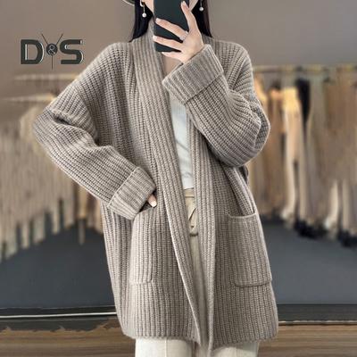 Maglione cardigan da donna autunno inverno con tasche lavorate a maglia a punto aperto con risvolto sciolto, spesso, caldo, morbido ed elastico, manica lunga, giacca da donna di media lunghezza
