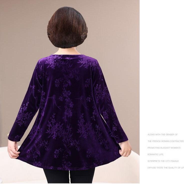 Women's Plus Size Velvet Blouse Round Neck Jacquard Loose Pullover Base Shirt Long Sleeve Velvet T-Shirt Top