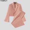 INCERUN Two Pieces Outfits Men Lapel Long Sleeve Cropped Blazer Long Flare Pants Sets