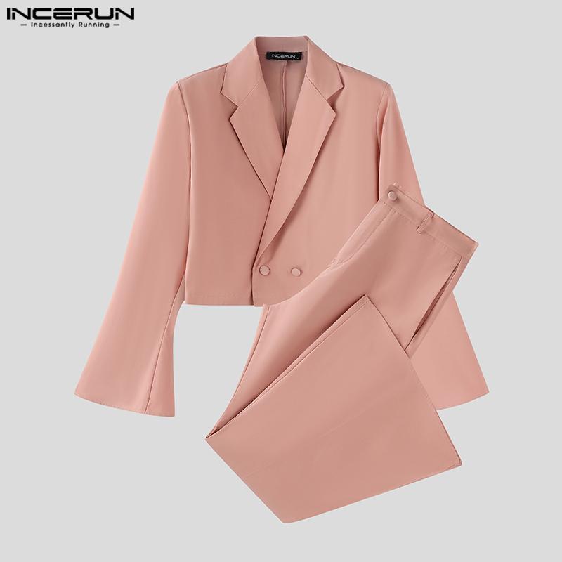 INCERUN Two Pieces Outfits Men Lapel Long Sleeve Cropped Blazer Long Flare Pants Sets