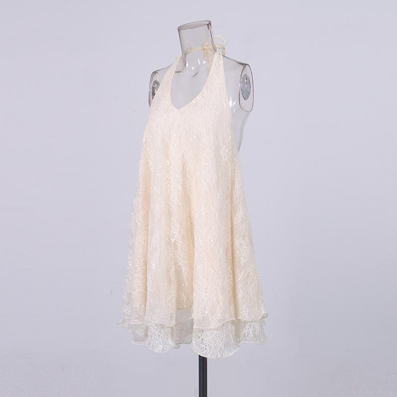 Elegant and sophisticated lace embroidered halter loose wide hem backless short dress, new summer women's dress