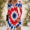 Women Criss Cross V Neck Long Sleeve Printed Navy Blue Fitted Curved Hem Dress