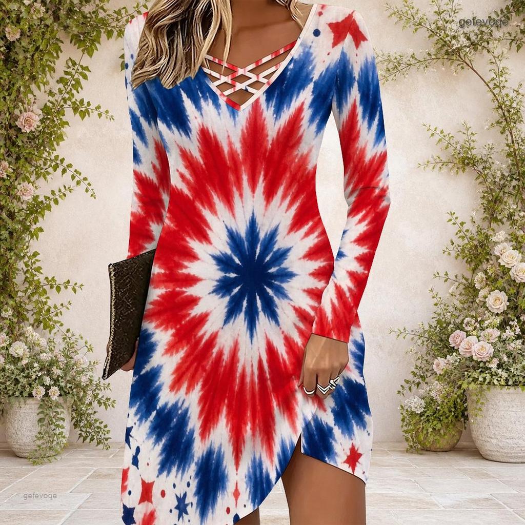 Women Criss Cross V Neck Long Sleeve Printed Navy Blue Fitted Curved Hem Dress