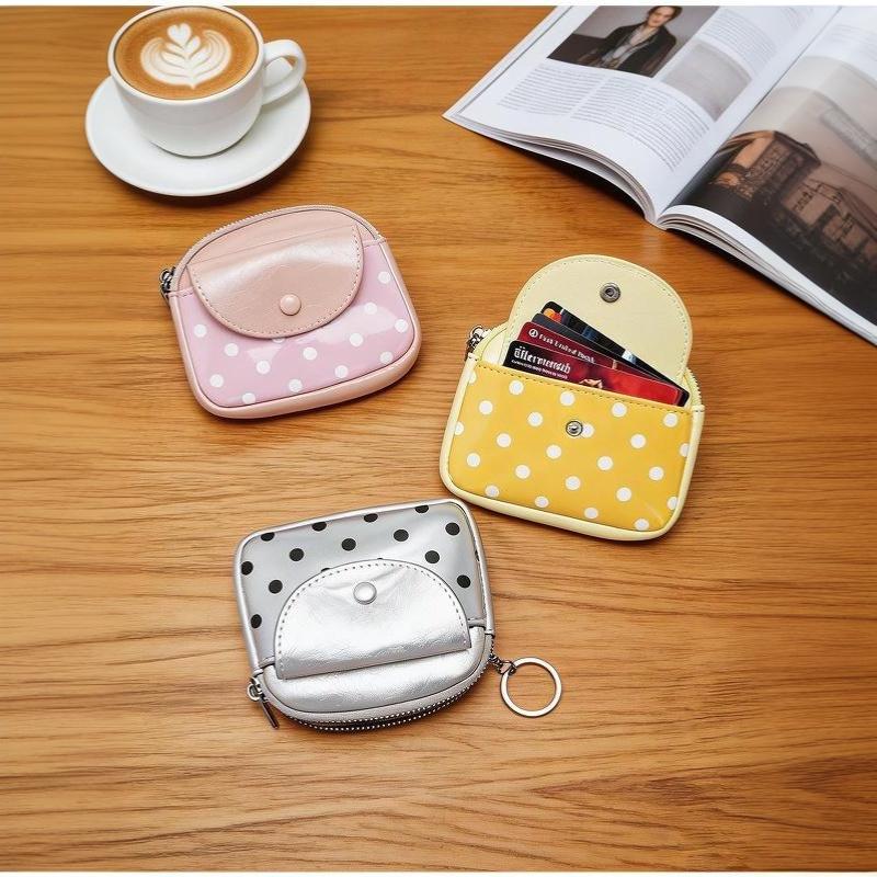 Polka Dot Portable Pu Leather Coin Purse Glossy Surface With Key Ring For Daily Shopping Travel